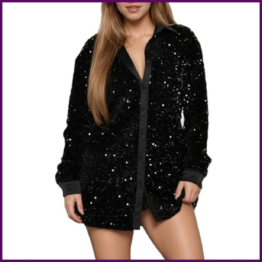 Plus Size Sequin Button Down Shirt Flannel Blouse… - image 2